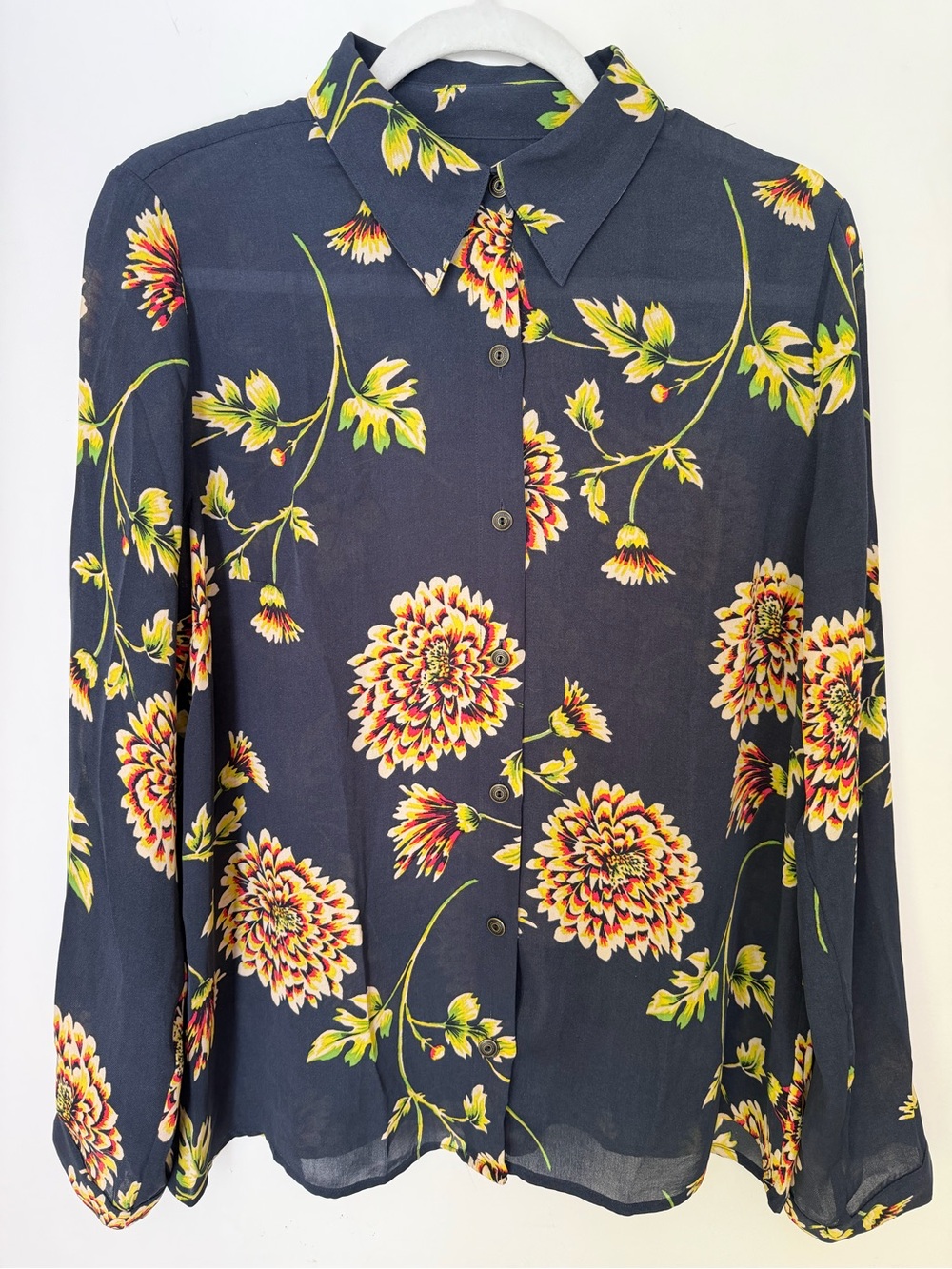 CAbi Daisy Blouse #3250 Navy Floral Sheer Button Down Top M